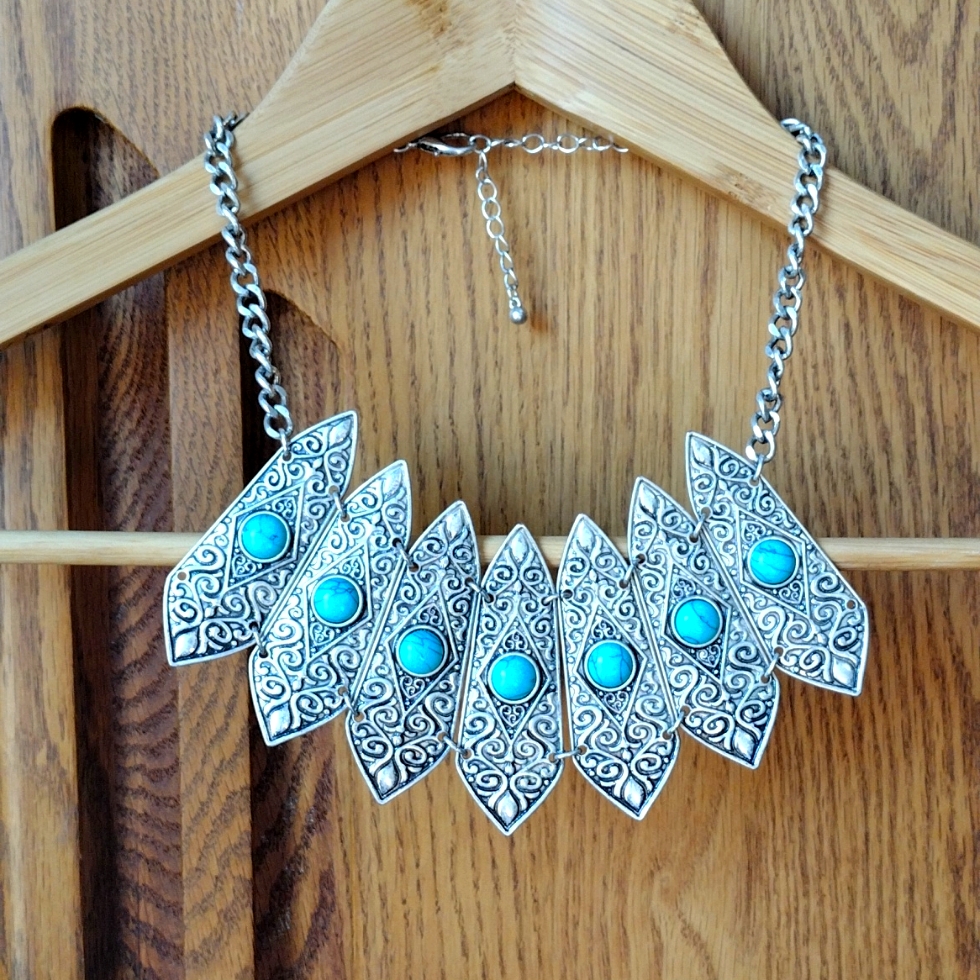 Boho Silver And Faux Turquoise Inlaid Beaded Statement Necklace